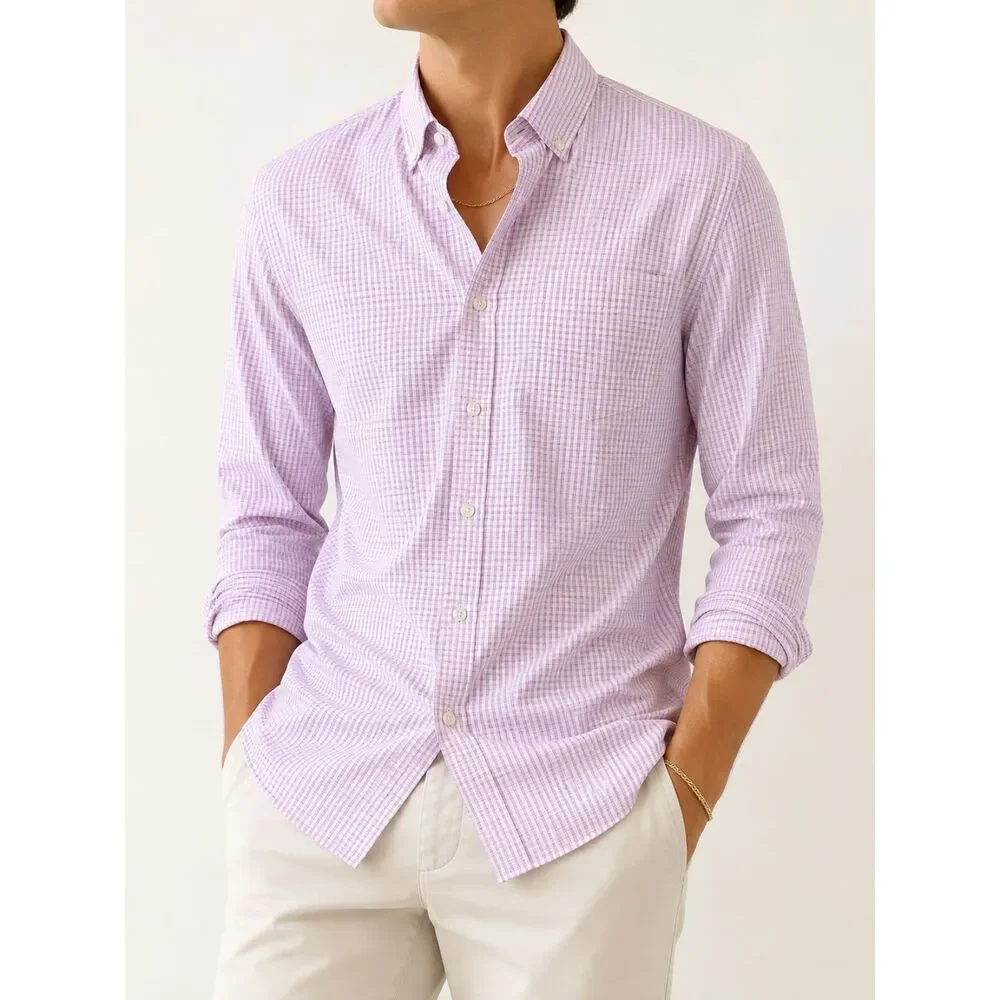 Banana Republic Slim Fit Pink Check Non-Iron Cotton Dress Shirt Tall Large L
